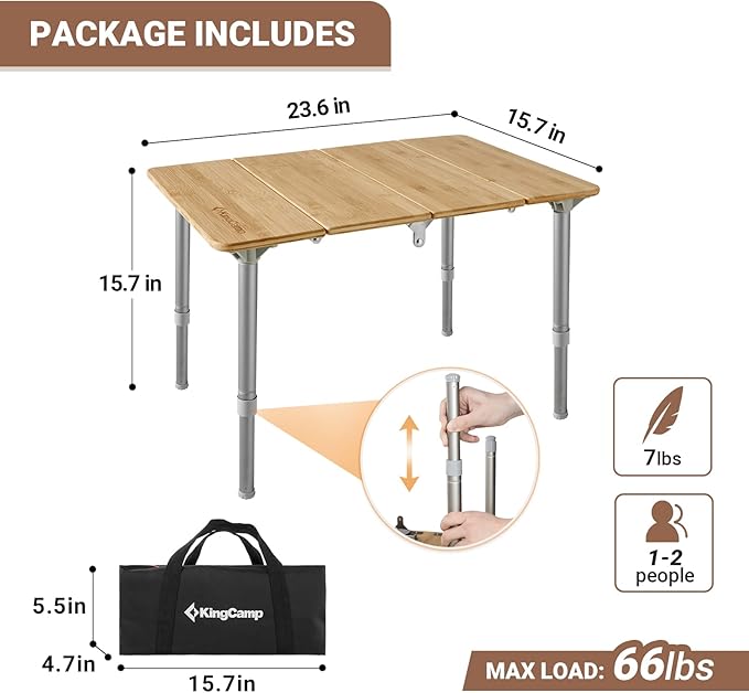 KingCamp Bamboo Folding Table Camping Table with Adjustable Height 4-Folds Compact Small Lightweight Portable Picnic Camp Table for Outdoor Backpacking Beach RV Travel Tailgating Barbecue, 1-2 People