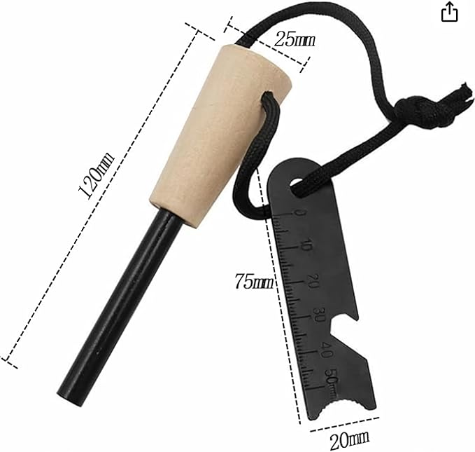 eGreen Fire Starter Kit – 6 Magnesium Shaving Packs, 3.15" Ferro Rod with Wooden Handle– 12000+ Strikes, 0.3"x4" Wax Rope, Multi-Tool Scraper, Waterproof Survival Tin