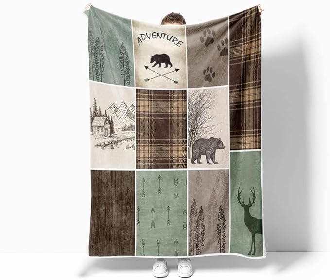 Torich Cabin Retro Rustic Lodge Flannel Throw Blankets, Bear Deer Country Hunting Wild Animal Cozy Warm Bed Couch Blanket, White Fleece Flannel Throws to Decorate The Room and Bedroom Camping Travel