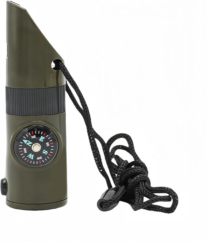 Emergency 7-in-1 Survival Whistle Kit:120dB Loud Safety Whistle with Compass,Thermometer, LED Light ,Signal Mirror & Waterproof Case for Outdoor Adventures Fire Starter for Hiking/Camping/Water Safety