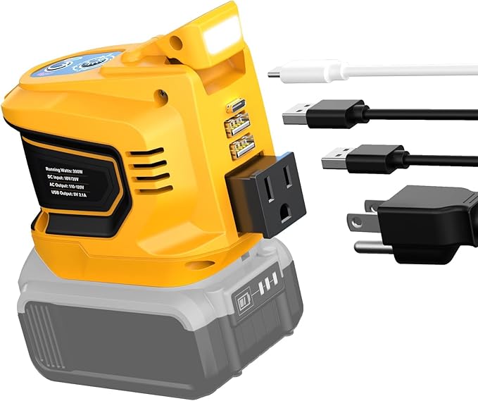 Ecarke 200W Portable Power Inverter Compatible with DeWALT 20V Battery, DC 20V to AC 110V Power Station with 1 AC Outlet, 2 USB, 1 Type-C & LED Light, for Outdoor Emergency Use (No Battery)