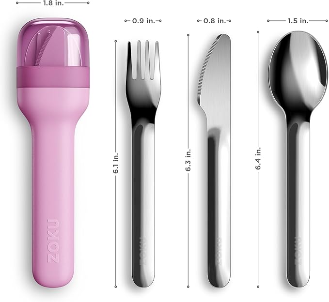ZOKU Pocket Utensil Set, Purple - Stainless Steel Fork, Knife, and Spoon Nest in Case - Portable Design for Travel, School, Work, Picnics, Camping and Outdoor Home Use