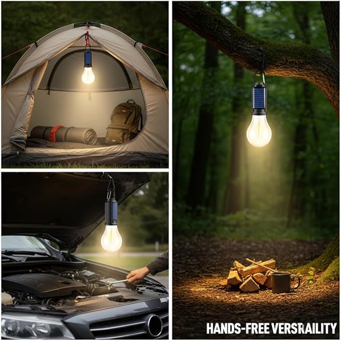 MODOAO Solar LED Camping Light, Rechargeable Outdoor Tent Lantern, Emergency Bulb Light with Clip Hook, Suitable for Camping, Hiking, and Barbecues