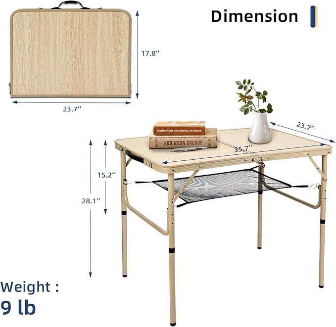 Byliable Folding Table 3FT Camping Table 2 Adjustable Height Lightweight Portable Aluminum Mini Foldable for Picnic Beach Indoor Outdoor, Yellow