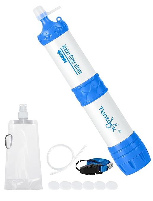 Tentock Portable Water Filter, 0.01 Micron 2-Way Survival Straw for Camping & Emergency, 1000L Capacity， Lightweight Water Purifier for Hiking, Backpacking