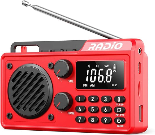 Portable Radio AM FM 1500mAh Rechargeable with Best Reception, Transistor shortwave Radio Wireless Bluetooth Speaker, with Large LCD Screen, Support TF Card U Disk, Earphone, Sleep Timer (Red)