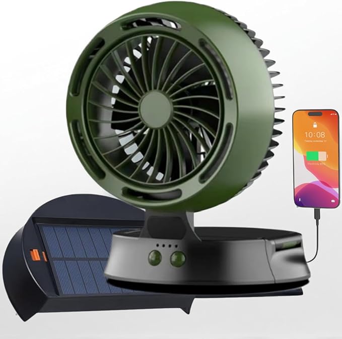 Portable Solar Fan - 10000mAh Big Battery, Compact & Lightweight, Solar-Powered, 4 Speeds & LED Light for Camping, Hiking & Emergencies!