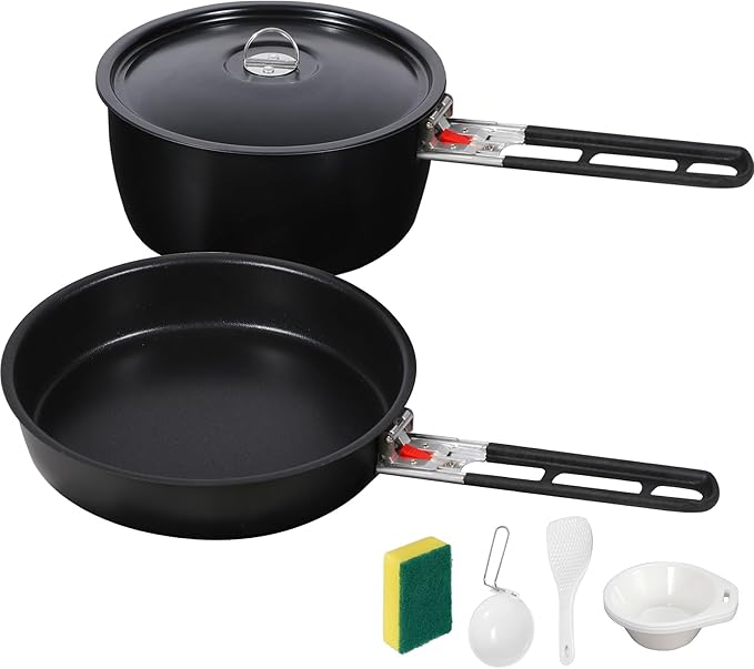 REDCAMP Camping Cookware Mess Kit with Folding Handle, Lightweight Non-Stick Camping Cooking Pot and Frying Pan with Mesh Bag for Outdoor Hiking Backpacking Picnic