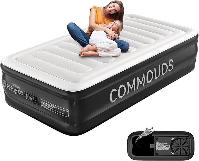 COMMOUDS Twin Air Mattress with Built-in Pump, 18" Raised Blow up Mattress, Comfort Inflatable Mattress with Waterproof Flocked Top, Portable Airbed for Guests, Camping, Home & Travel Use, 330lbs Max