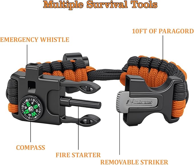 Paracord Survival Bracelet (3 Pack) - Adjustable with Fire Starter, Whistle, Compass - Survival Gear for Hiking, Camping, Fishing, Gifts for Men Dad Husband