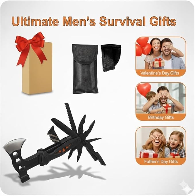 18-in-1 Multitool Hatchet Camping Axe with Hammer & Knife with Protective Sheath, Survival Gear for Men Dad, Emergency Car Tool & Hiking Accessories, Cool Gadgets for Outdoor Hiking Emergency