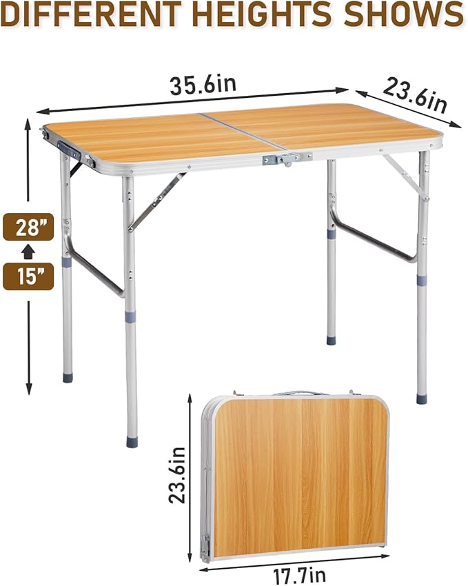 Outvita 3ft Portable Folding Camping Table, Outdoor Waterproof Adjustable Height Table, Aluminum Lightweight Suitcase Foldable Table for Picnic BBQ Beach Dining