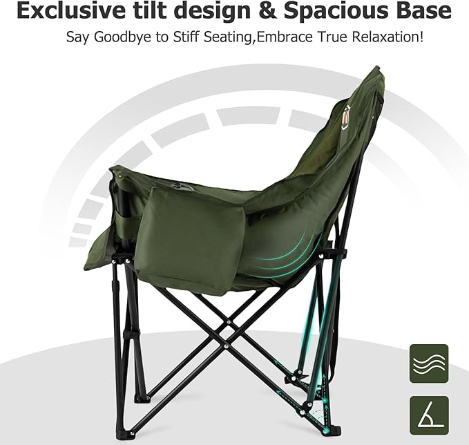 Overmont Oversized XL Camping Chair for Adults - 400lbs Support Heavy-Duty Padded Folding Chair with Side Pocket Cup Holder Cooling Bag for Outdoor Sports Garden Beach Fishing Lawn Green 2pcs
