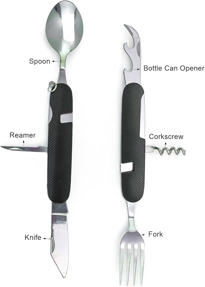 Cluck 6-in-1 Multi-Function Camping Utensil Flatware Set Detachable Spoon Fork Knife Combo Mess Kit with Carrying Pouch (Gold + Black)