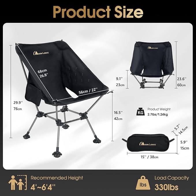 MOON LENCE Camping Chair Plus, Upgraded Comfort & Size, Still Compact and Lightweight, Folding Portable Chair for Backpacking & Hiking, 400Lbs Capacity, Gen 3 Plus (Black)