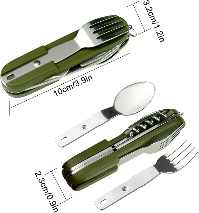 EZYoutdoor 7-in-1 Camping Utensils - Portable Stainless Steel Camping Fork Spoon Knife Set for Hiking, Picnics Outdoor Enthusiasts, and Travel - Essential Survival Utensil Tool Kit