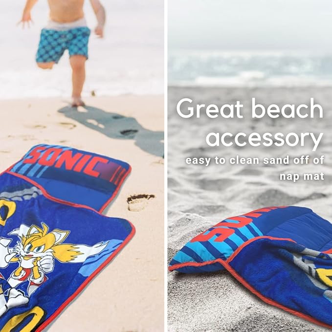 Sonic The Hedgehog 21"(W) X 45"(L) Soft Toddler Nap Mat with Pillow and Blanket Perfect for Preschool, Daycare, and Travel (100% Official Licensed Product)