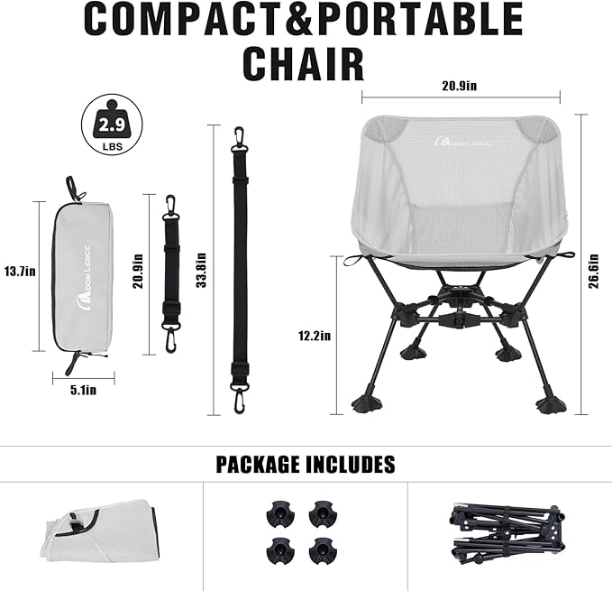 MOON LENCE Portable Camping Chair，Lightweight Backpacking Hiking Chairs,Compact,Foldable,with Anti-Sinking Large Feet for Beach,330 lbs Capacity (Grey, Standard)