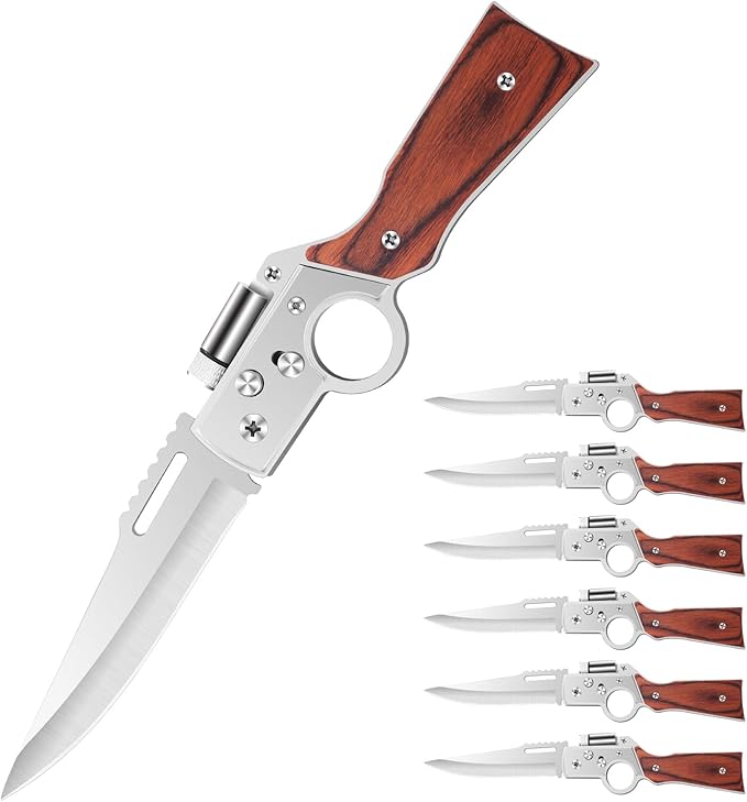 AK47 Style Tactical Folding Knife 6-Pack – Bulk Set with LED Light, Wood Handle, Laser Engraving Ready, Best Man Gifts, Outdoor Camping Hiking Gear for Groups (6)
