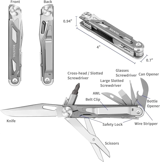 ROCKTOL Multitool Pocket Knife,12-in-1 Multitool Knife,Titanium-Plated Handle,Pocket Clip,Large Scissors,Stainless Steel for Camping, Hiking, Survival, multitool for Men