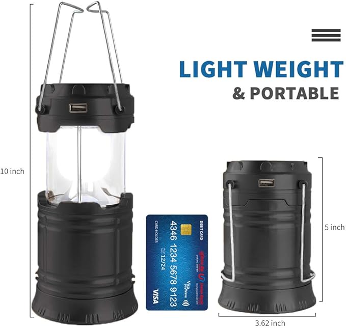 Censinda LED Camping Lantern, Solar and Rechargeable Lantern Flashlight Collapsible and Portable Light for Daily/Camp/Hiking/Night Fishing/Emergency/Hurricanes/Storm(Black, 1 Pack)