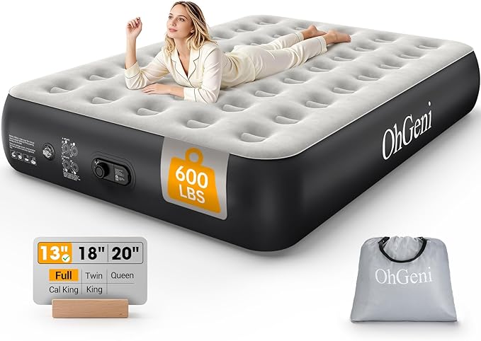 OhGeni Air Mattress Full with Built in Pump, 13" Raised Inflatable Blow up Mattress, Family Choice Award Winner, Portable Foldable Bed with Upgraded Surface for Home & Camping, 600 lbs