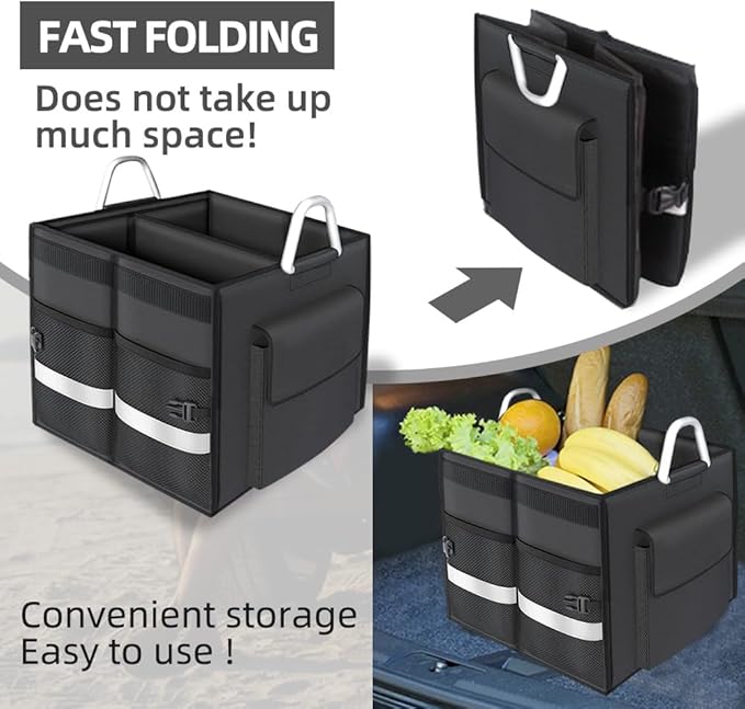 55L Car Trunk Organizer with Reflective Stripes.1680D Polyester Folding Car Organizer with Reinforced Handles, Folding and Multi-Compartment, Storage for SUV, Truck, Sedan (Black, 28L)