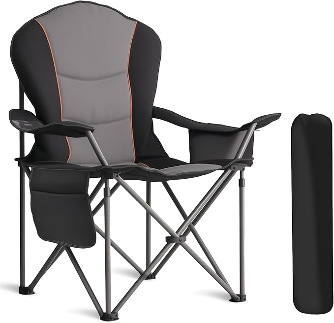 Oversized Camping Chair Heavy Duty- Portable Folding Chair, Cup Holder & Waterproof Phone Case for Adults, Beach, Hiking, Backyard (Black & Gray, 1 PCS)