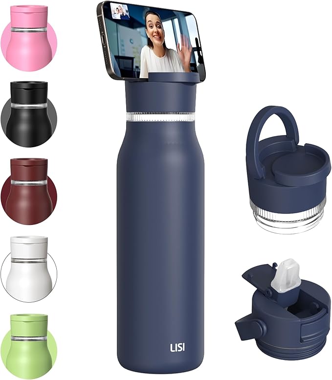 LISI 40oz Insulated Water Bottle, Double Wall Stainless Steel Water Bottles with Straw, 100% Leak-Proof Travel Thermal Canteen Mug with 2 Lids (Straw, Phone Holder Lid)