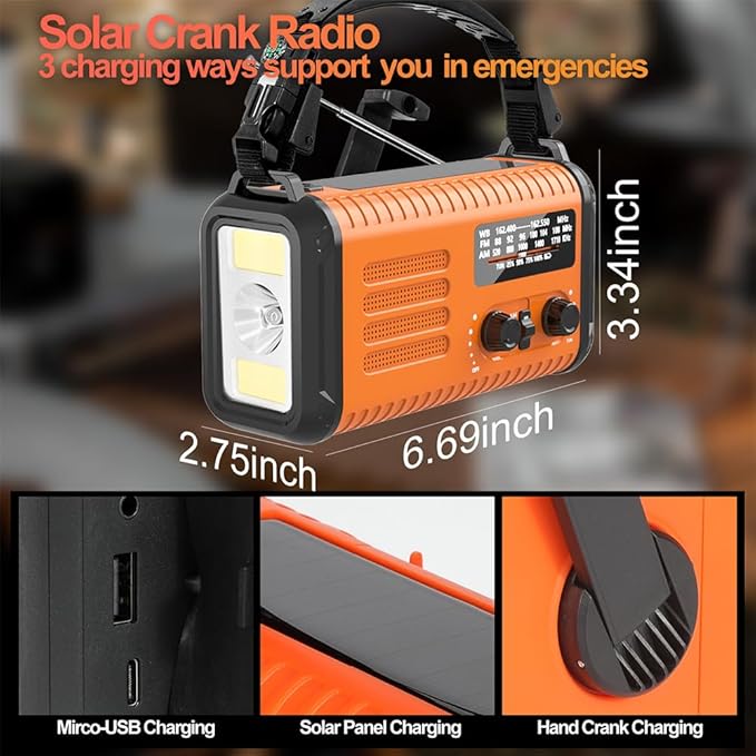 Weather Radio AM/FM/NOAA, Hand Crank Emergency Radio Flashlight, 20000mAh Battery Operated Cell Phone Charger, Solar Powered, Reading Lamp, Headphone Jack, SOS & Compass for Home Emergencies