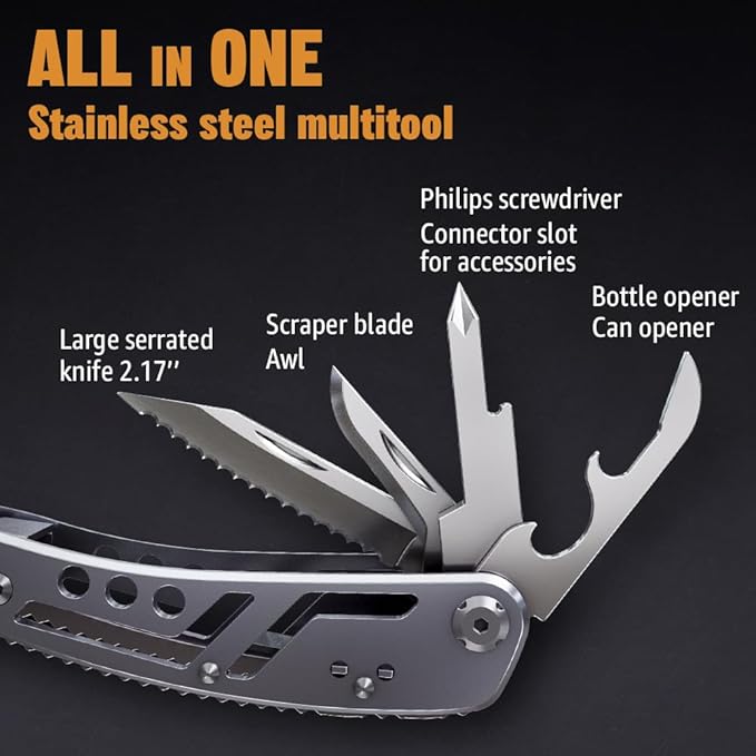 24-in-1 Multitool with Knife, Pliers & 11 Bits Sharp Stainless Steel - Multi Tool for Men - Ideal Gear with Tools for Camping Hiking, Survival, EDC - Best Gifts for Husband Boyfriend 2238