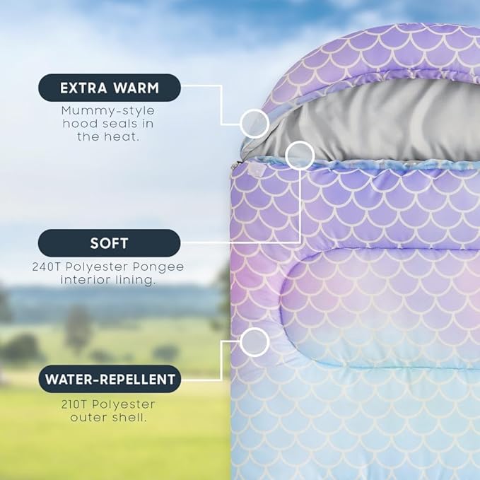Wake In Cloud - Kids Sleeping Bag for Girls Toddlers, Camping in Warm Cold Weather, Backpacking Lightweight Compact Outdoor Liner for 3 Seasons Summer Spring Fall, Mermaid Purple Blue