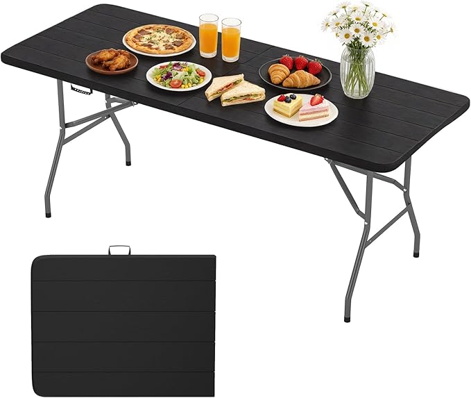 BestOffice 6 FT Picnic Table, Portable Plastic Folding Table with Carrying Handle Perfect for Picnics, Parties, Party and Camping, Black Wood Grain