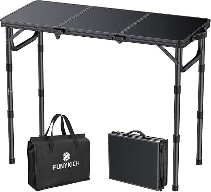 FUNYKICH 3ft Portable Small Folding Table L34.2''xW15.7'', 3 Adjustable Height Small Foldable Tables, Lightweight Aluminum Beach Table with Carry Handle for Car Camping, Backyard BBQ, Picnic, Travel