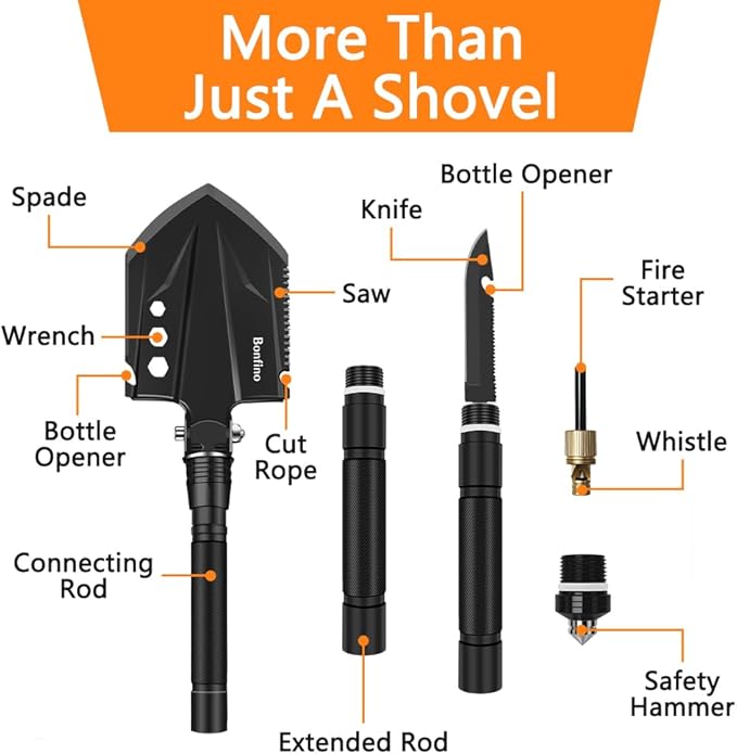Foldable Camping Shovel - 30.4" High Carbon Steel Portable Multitool Entrenching Tool for Backpacking, Hiking, Survival & Car Emergency - Versatile & Sturdy