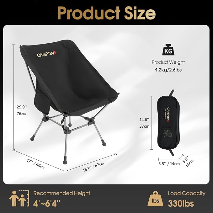 Camptime Portable Camping Chair Plus, Larger & Roomier, Compact and Lightweight, Folding Chair for Backpacking & Hiking, 330Lbs Capacity, Black