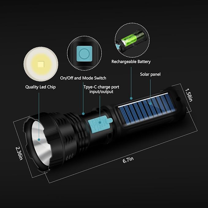 VOETIR Led Solar Flashlight, 1500 Lumens Led Solar Handheld Rechargeable Flashlights with IP65 Waterproof, 2000mAh Battery for Survival Emergencies Camping (4 Pack)