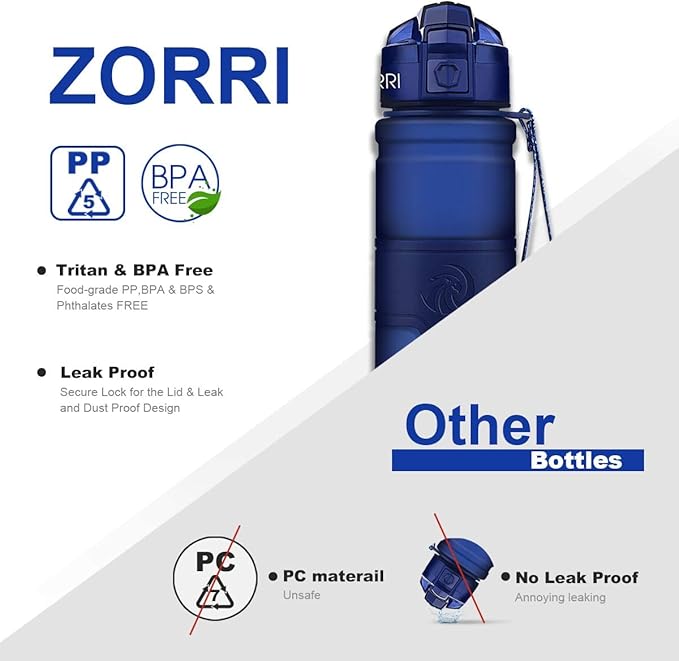 ZORRI Sports Water Bottle, 400/500/700ml/1L, BPA Free Leak Proof Tritan Lightweight Bottles for Outdoors,Camping,Cycling,Fitness,Gym,Yoga- Kids/Adults Drink Bottles with Filter, Lockable Pop Open Lid