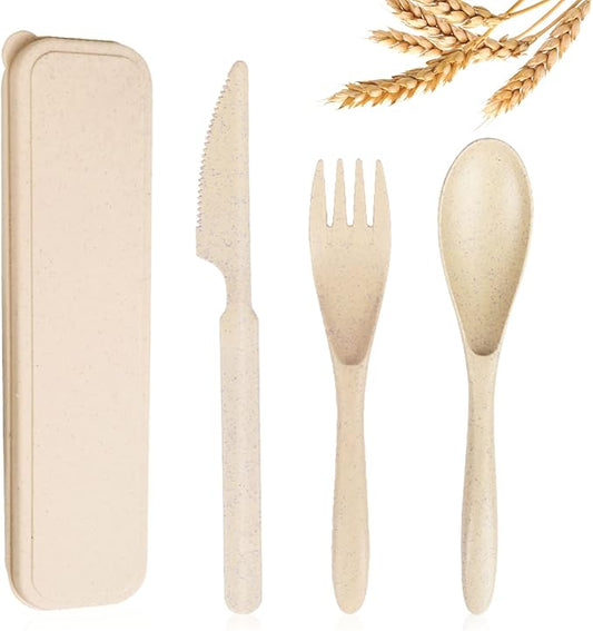 YDYTOP Reusable Travel Utensils Set with Case, Beige Wheat Straw Portable Knife Fork Spoons Tableware, Eco-Friendly BPA Free Cutlery for Kids and Adults as Travel Picnic Camping Utensils