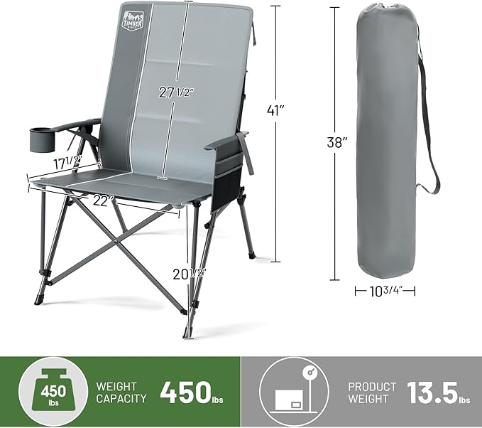 TIMBER RIDGE Oversized Camping Chair with Lumbar Support, Portable Folding Chair Heavy Duty for Adults Supports 450 LBS for Outdoor Camping, Lawn, with High Back, Cup Holder, Side Pocket - Grey, 2Pack