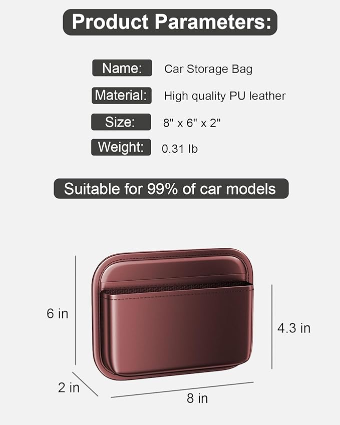 Driver's Car Storage Bag, Small Car Side Pocket Organizer for Car Seats, Doors and Consoles, PU Leather (Burgundy)