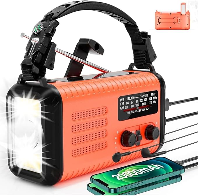 Weather Radio AM/FM/NOAA, Hand Crank Emergency Radio Flashlight, 20000mAh Battery Operated Cell Phone Charger, Solar Powered, Reading Lamp, Headphone Jack, SOS & Compass for Home Emergencies