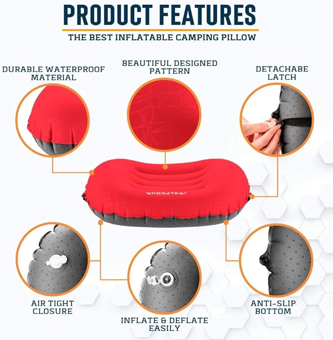 Alpcour Camping Pillow – Large, Inflatable, Ultralight Sleeping Pillow with Easy Blow Up Design, Soft Waterproof Exterior Cover and Compact Carry Case for Hiking, Backpacking, Airplane Travel & More