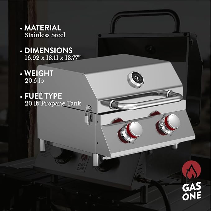 GasOne Portable Propane Grill – 16-inch Stainless Steel Tabletop Grill – Tabletop Gas Grill with Heat Control and Built-In Thermometer – Large Cooking Area – Ideal for Outdoor, Camping, Travel, RV