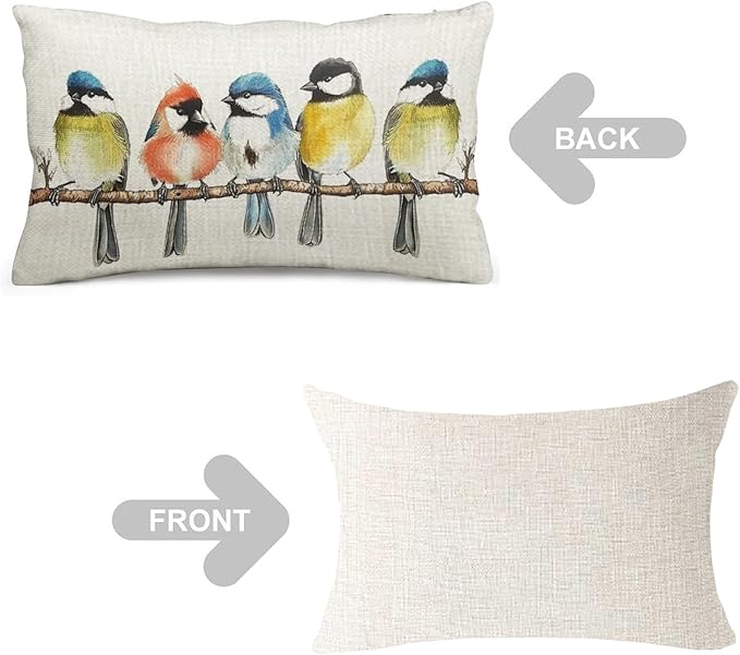 ITFRO Set of 2 Birthday Gift Watercolor Birds Standing On A Branch Cotton Linen Lumbar Nature Wild Animals Throw Pillow Cover Cushion Case Sofa Home Decor 12x20 Inches (Blue and Yellow)