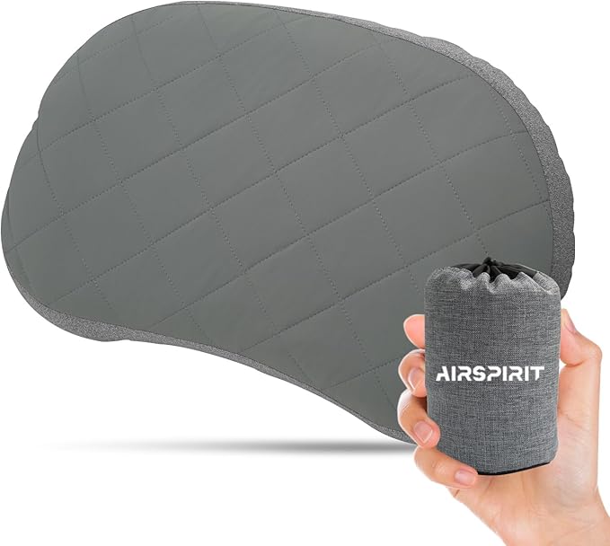 AIRSPIRIT Ultralight Camping Pillow Inflatable with Removable Washable Cover, Compact Travel Pillow for Neck Support, Hiking, Backpacking, Office, Airplane, Car & Beach - Adjustable Firmness (Grey)