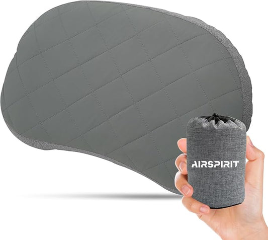 AIRSPIRIT Ultralight Camping Pillow Inflatable with Removable Washable Cover, Compact Travel Pillow for Neck Support, Hiking, Backpacking, Office, Airplane, Car & Beach - Adjustable Firmness (Grey)