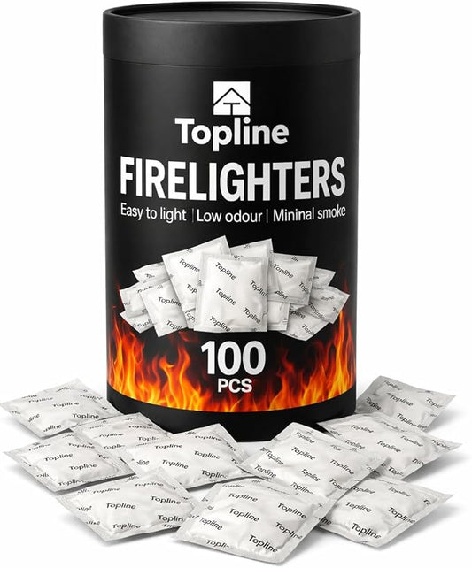 Instant Fire Starter Lighters Multipack - 100 Odourless Firelighters Sachets in Tube Storage Box. Fire Lighters for Wood Burners, Fire Logs, Charcoal BBQ. Waterproof Firelighters for Open Fires