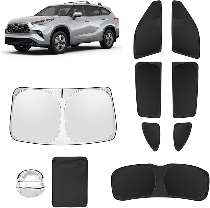 8pcs Car Window Shades for Toyota Highlander 2020-2025 Accessories,Windshield Side Rear Full Sunshade,Sun Visor UV Blocking, Privacy Protection and Blackout for Camping Outdoor