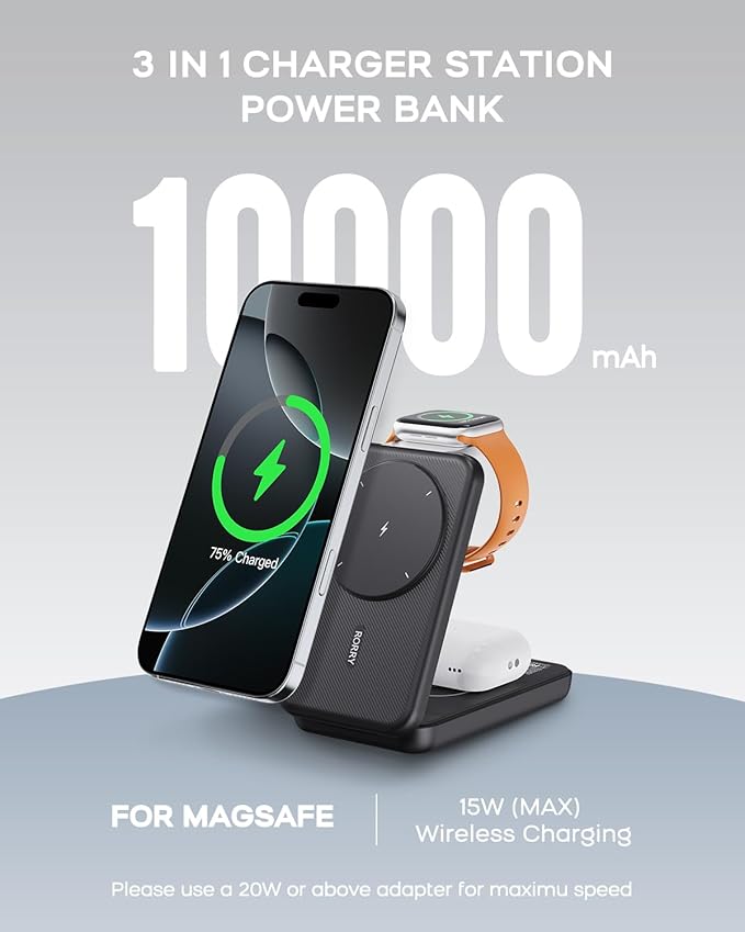 RORRY Portable Charger, 3-in-1 Charging Station 10000mAh Portable Charger Power Bank for MagSafe Foldable Battery Pack Travel for iPhone 17/16/15, for Apple Watch 10/9/8/Ultra/2, Dark Black
